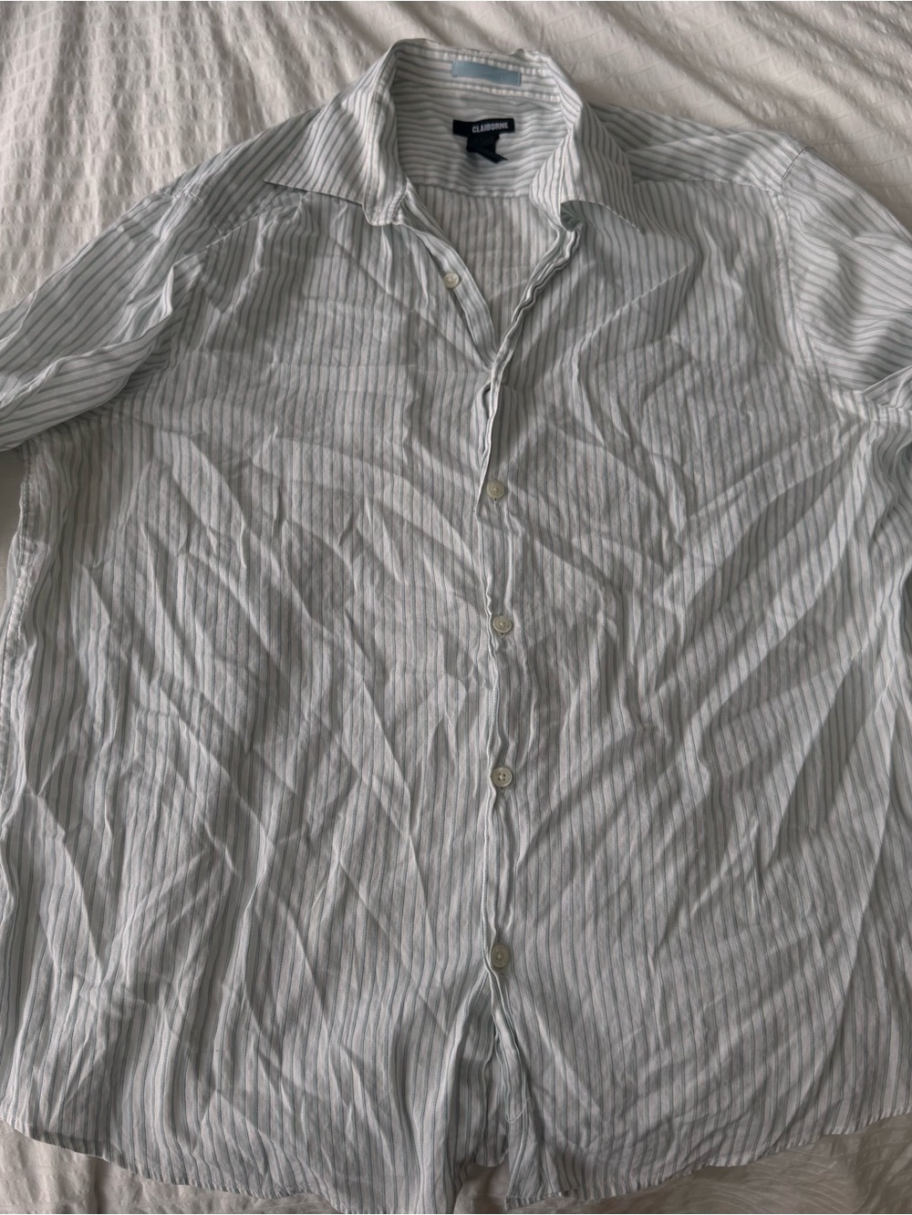 Claiborne Men's White Shirt with Light Blue Pinstripes